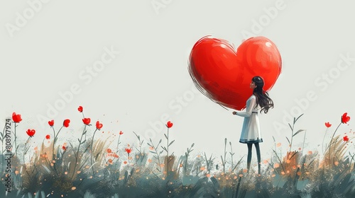 An altruistic woman with a big heart holds a big red heart. Love, generosity, and philanthropy concept. Volunteer in a warm embrace. Female holding a large red heart. Flat modern illustration photo