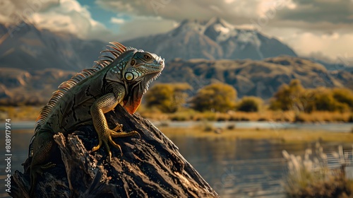 A green iguana with red eyes is sitting on top of an old tree trunk in front of mountains and water on a sunny day. The photograph is in the style of National Geographic photography.