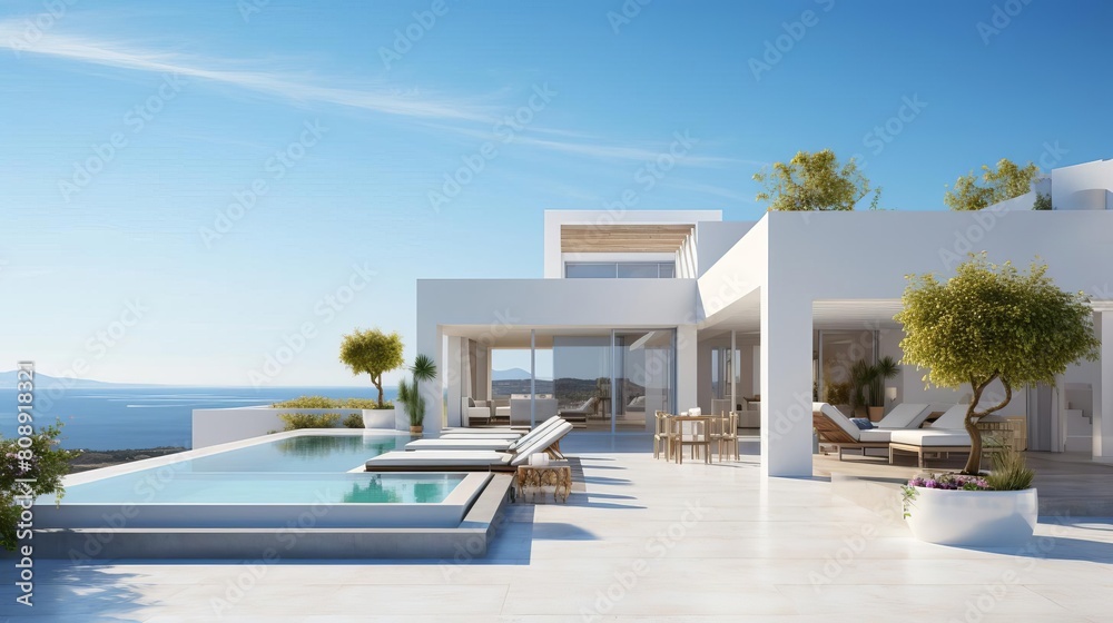 Closeup shot of a minimalist white luxury villa with a beautifully designed balcony and terrace, framed by a clear blue sky, with space for text