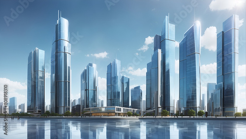 A modern skyscrapers cluster with reflective glass facades capturing the dynamic energy