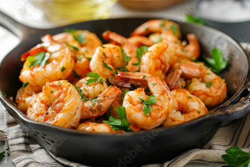 Air-fried garlic shrimp, served in a small skillet, garnished with parsley, seafood dinner idea