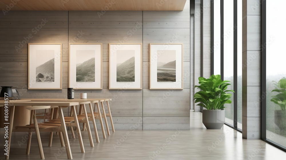 Conceptual mockup of blank framed posters lining a contemporary office corridor, complemented by wooden design elements, presented in a realistic style
