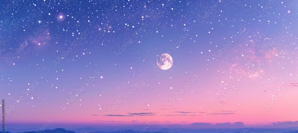 Dusk beautiful sky with moon and stars. Nature panoramic view. Generative AI technology.
Dusk beautiful sky with moon and stars. Nature panoramic view. Generative AI technology.