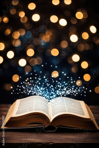Magic Book With Open Antique Pages And Abstract Bokeh Lights Glowing In Dark Background Literature And Education Concept