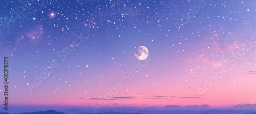 Dusk beautiful sky with moon and stars. Nature panoramic view. Generative AI technology. 