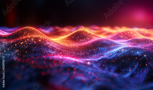 Abstract digital background with colorful glowing lines forming waves and hills, representing data visualization in the style of technology or science. Colorful gradient lines and glowing dots. © Krzysztof