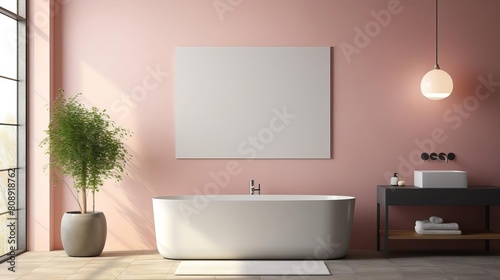 Contemporary bathroom design in 3D render featuring a soft pink wall with a blank framed poster  terrazzo floor  and abundant natural light