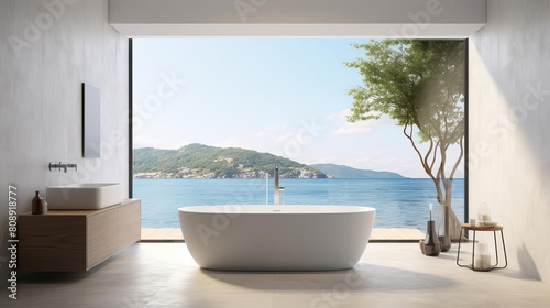 Contemporary bathroom design with a sleek freestanding bathtub  an empty framed poster on a textured wall  and expansive ocean views from a broad window