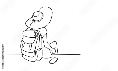 Girl traveler sitting in a hat with a backpack line art. Adventure continuous line art drawing isolated on white background. Vector illustration