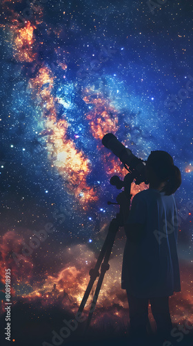 Looking up at the Night Sky: Photo realistic Stargazing with Telescope Concept of Individual Finding Inspiration in the Stars © Gohgah
