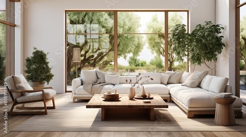 Contemporary farmhouse living room with a sleek white sofa set  vintage wood coffee table  and green plants  highlighting comfort and simplicity