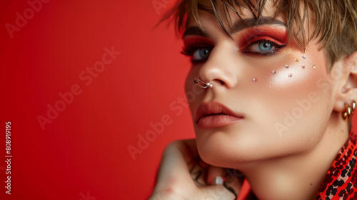 Young transgender man wearing make up and woman clothes, looking fashion and glamorous Stock Photo photography