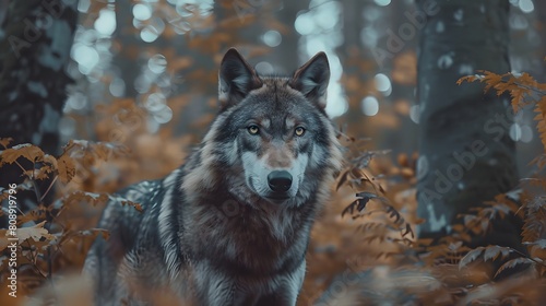 A majestic wolf with piercing eyes  standing in the forest  looking at camera  portrait shot  closeup  Sony Alpha A7 III