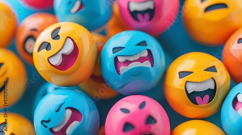 A 3D rendering of a group of colorful emoji balls with various facial expressions photo