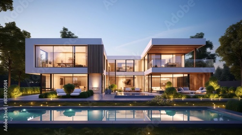 Contemporary minimalist cubic house with expansive glass facades  surrounded by elegant landscaping in the front yard  showcasing sophisticated residential architecture