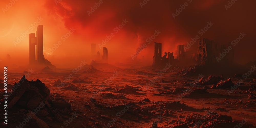 Apocalyptic Landscape With Fiery Sky And Ruined Structures On Futuristic Planet. Sci-Fi Scene Of Desolate World. Generative AI