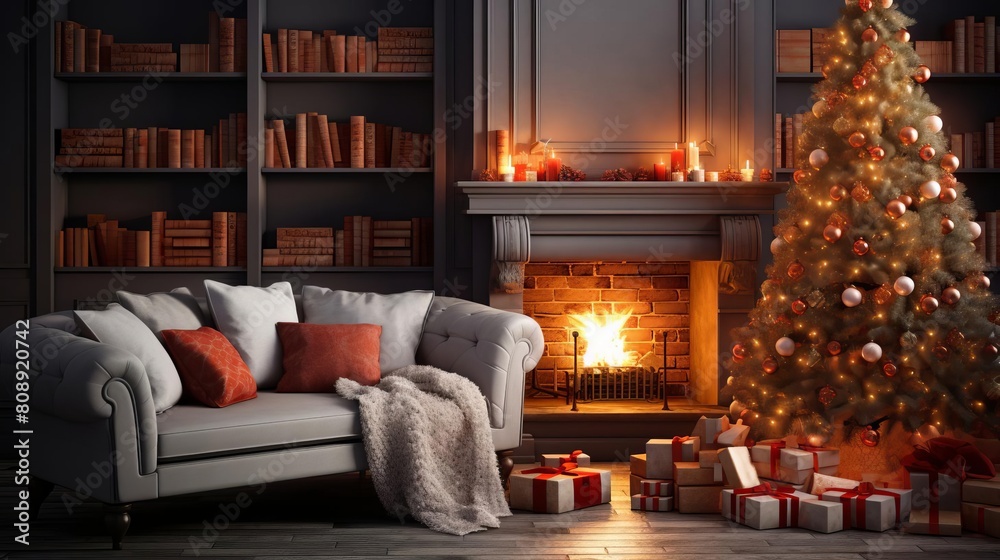 Cozy Christmasthemed living room decorated with a festive tree adorned with lights and ornaments, a warm fireplace, and plush, holidaythemed cushions on a comfortable sofa