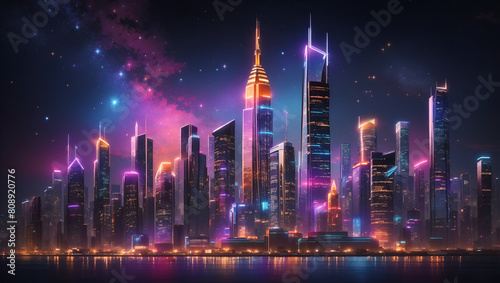 A cityscape with skyscrapers adorned in vibrant  colorful lights against a dark and starry backdrop