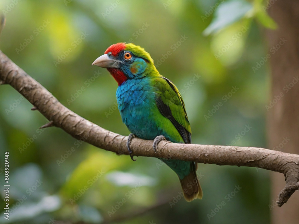 A colorful bird sits on a tree in the forest ai generated