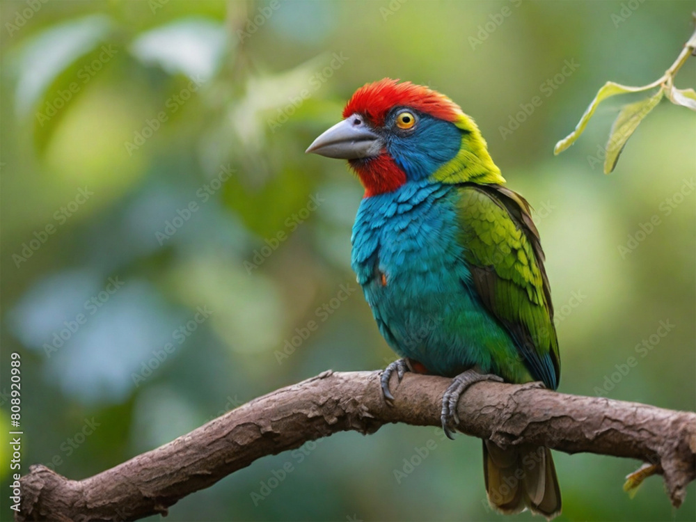 A colorful bird sits on a tree in the forest ai generated