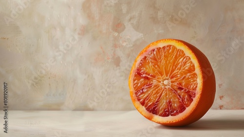 A vibrant orange fruit cut in half, revealing its juicy interior, resting gracefully on a wooden table photo