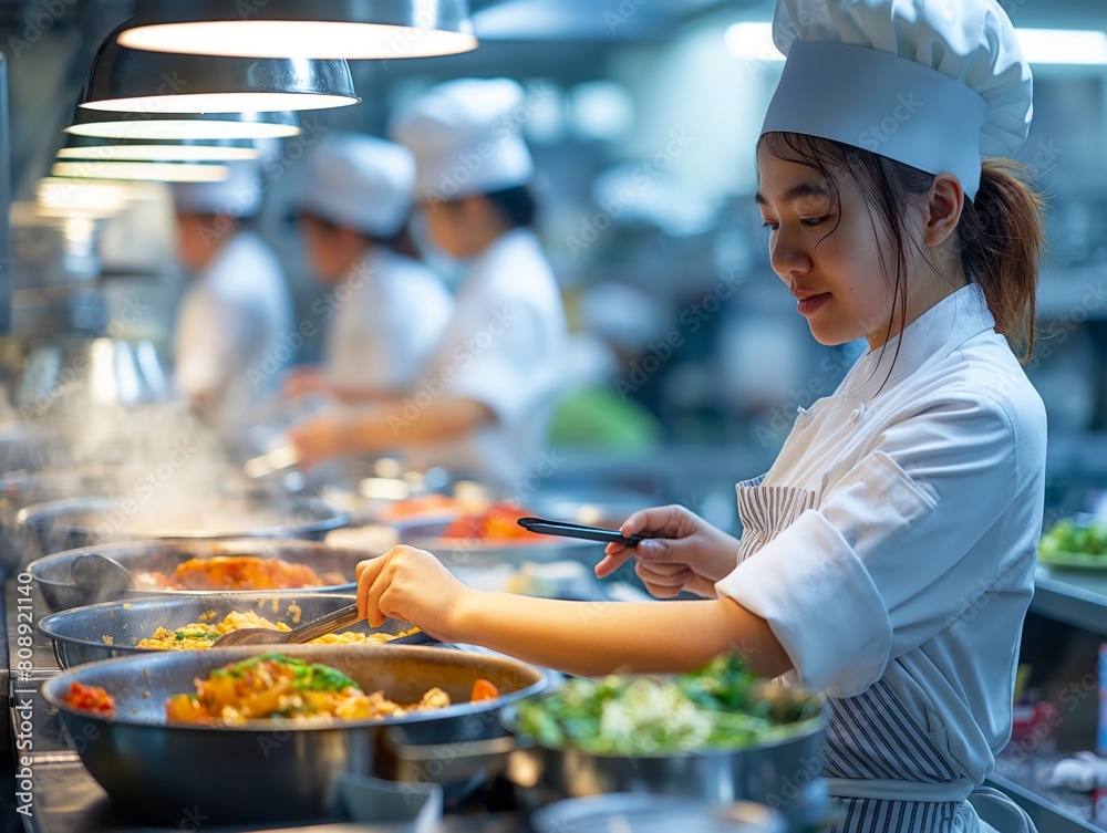 A woman in a chef's hat is cooking food in a restaurant kitchen. She is using a spatula to stir a pot of food. The kitchen is busy with other chefs working on different dishes