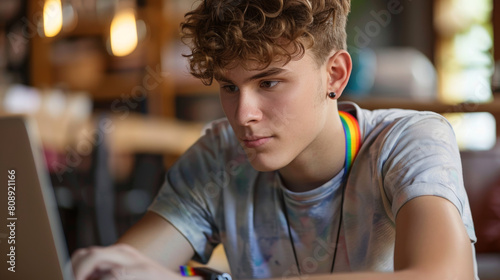 caucasian young man with lgbt bracelet working in laptop Stock Photo photography