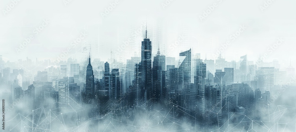 Fototapeta premium Misty clouds city buildings background. Urban downtown metropolis panorama. Generative AI technology.
