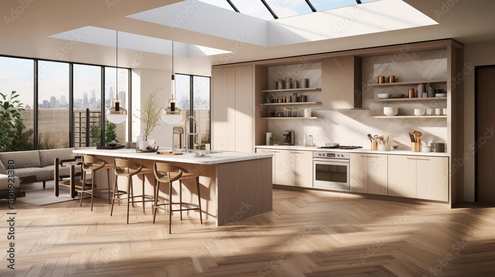 Stylish kitchen in a 3D rendering, showcasing a herringbone pattern floor, soft beige cabinetry, and ample daylight from large windows Stylish kitchen in a 3D rendering, showcasing a herringbone pattern floor, soft beige cabinetry, and ample daylight from large windows