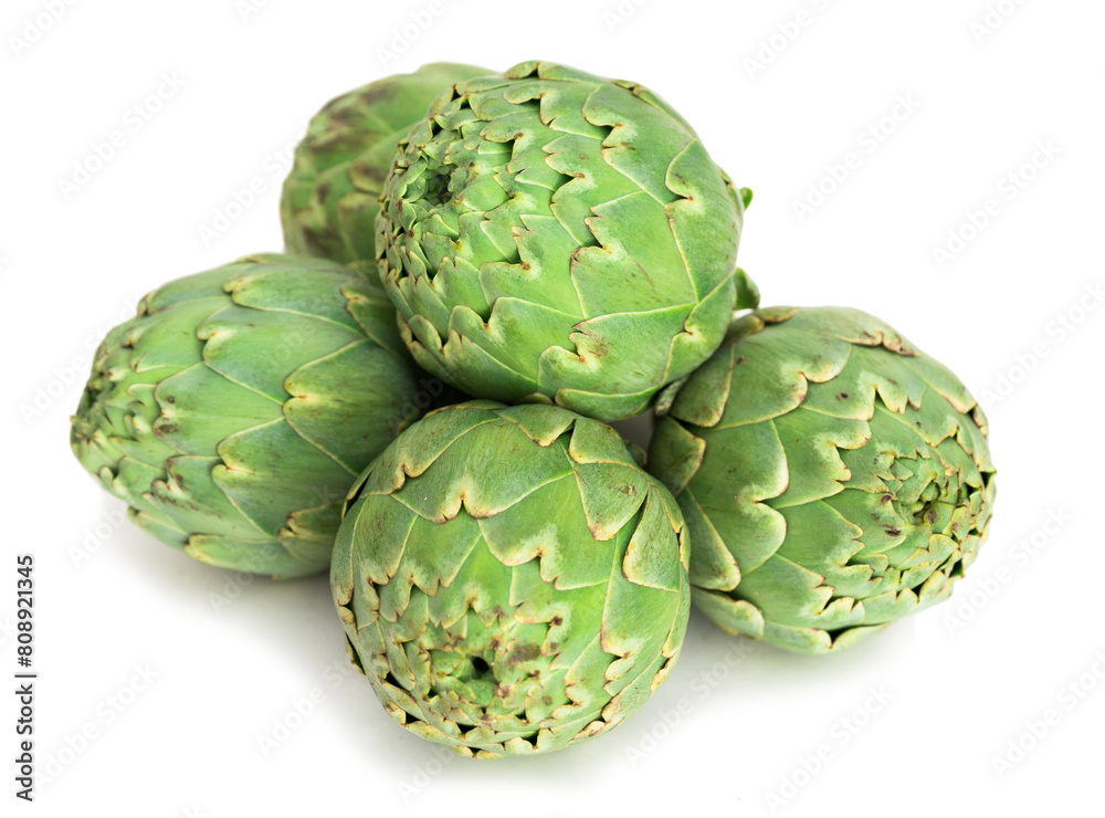 Fototapeta premium Green artichokes on white background