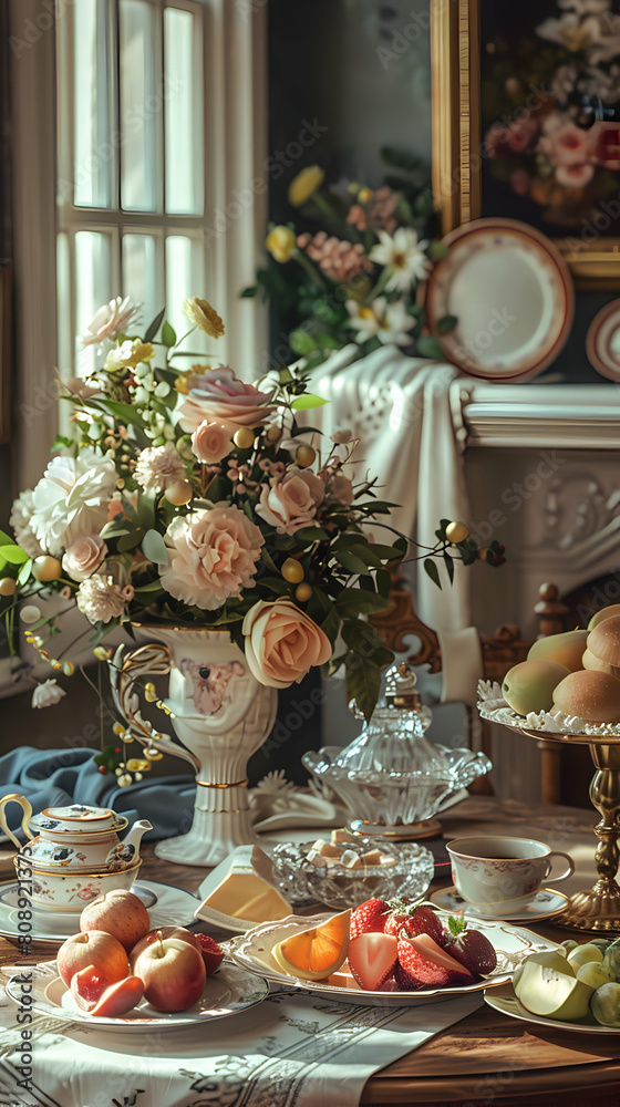 A Timeless Vintage Mother's Day Celebration: Classic D?cor, Antique Settings, and Period Costumes in Photorealistic Photo Stock