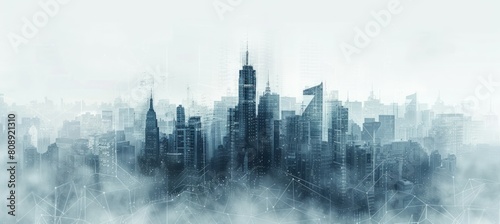 Misty clouds city buildings background. Urban downtown metropolis panorama. Generative AI technology.  