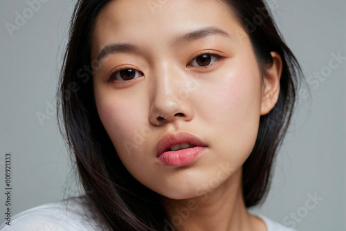 Close-up of a young asian woman's face, puckering lips for a kiss