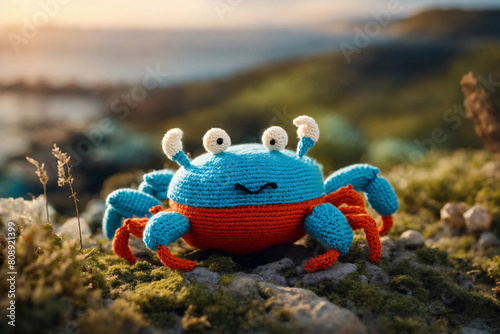 Handmade orange-blue crab toy. Knitted kid soft toy made yarn on highland background. photo
