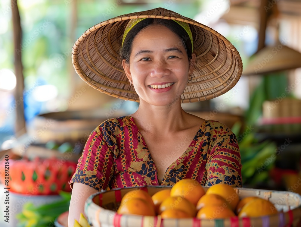 A woman wearing a straw hat is smiling and holding a basket of oranges. The scene is set in a market, with several other baskets of fruit and vegetables visible in the background. The woman is happy