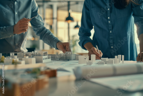 A closeup of two people working together on an architectural model, surrounded by blueprints and models. The focus is sharp on their hands as they work with precision in the office setting. They have 