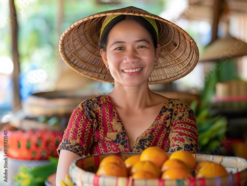 Obraz na płótnie A woman wearing a straw hat is smiling and holding a basket of oranges. The scene is set in a market, with several other baskets of fruit and vegetables visible in the background. The woman is happy w salonie