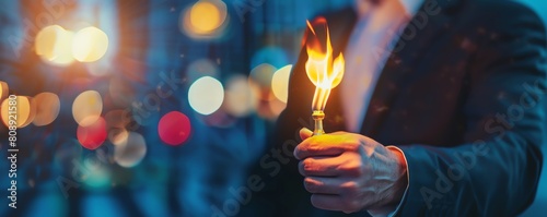 A man holds a lit match in his hand photo