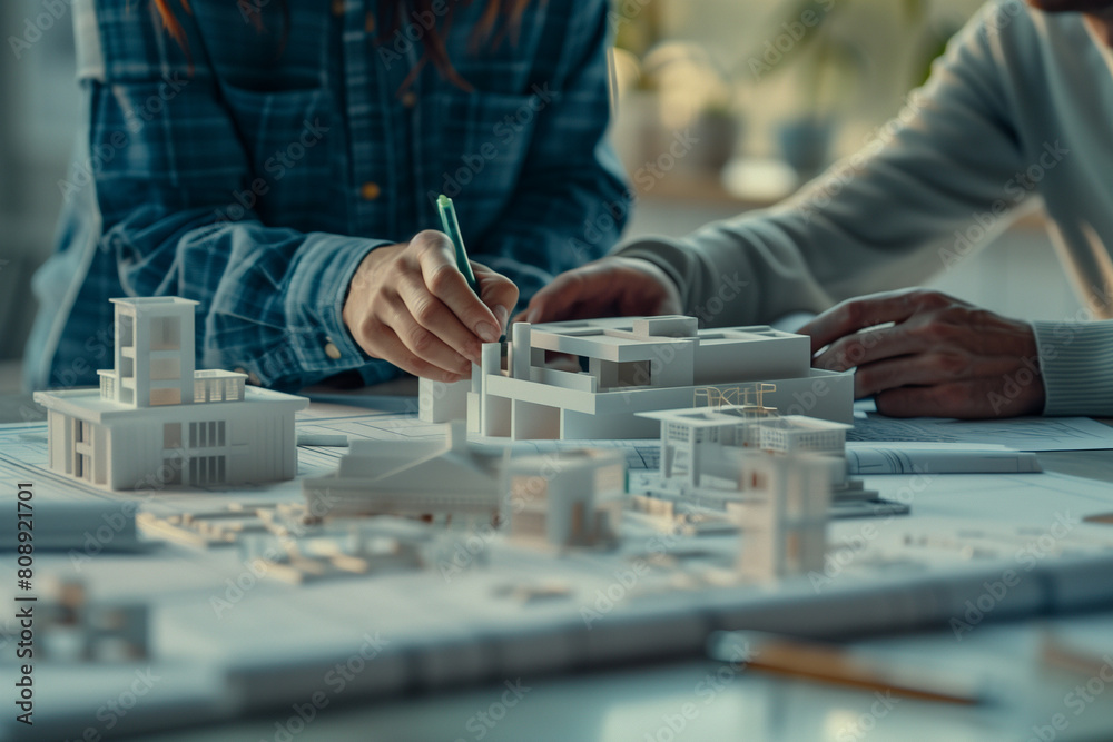 A closeup of two people working together on an architectural model, with one person holding the pencil and drawing while the other stands beside them making gestures. The table is covered in blueprint