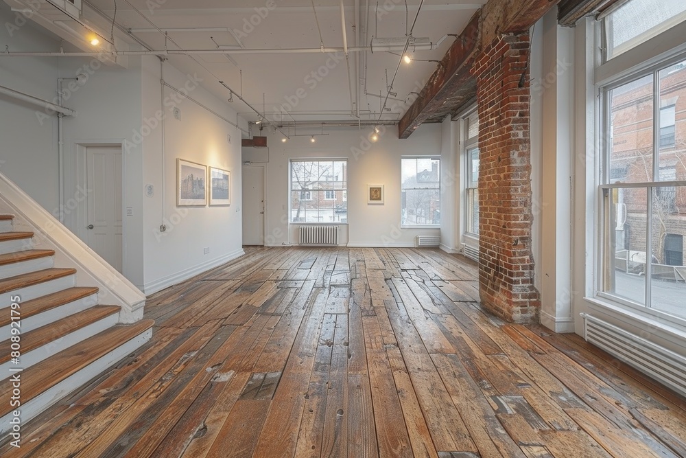 Obraz premium An immaculate gallery space with wooden floors and exposed brickwork exhibits a trendy venue