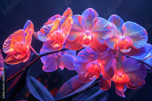 Vivid Bouquet in Blue Ambience. A vibrant array of flowers basks in a soft neon blue glow.