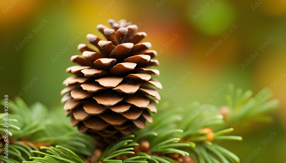 A close-up of a pine cone with a blurred forest in the background A close-up of a pine cone with a blurred forest in the background