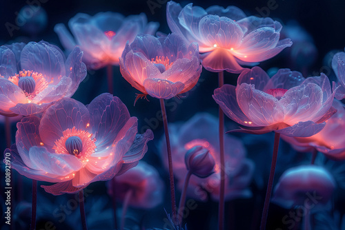 Vivid Bouquet in Blue Ambience. A vibrant array of flowers basks in a soft neon blue glow.