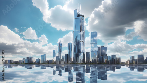 Skyscrapers with reflective surfaces capturing the surrounding skyline and clouds