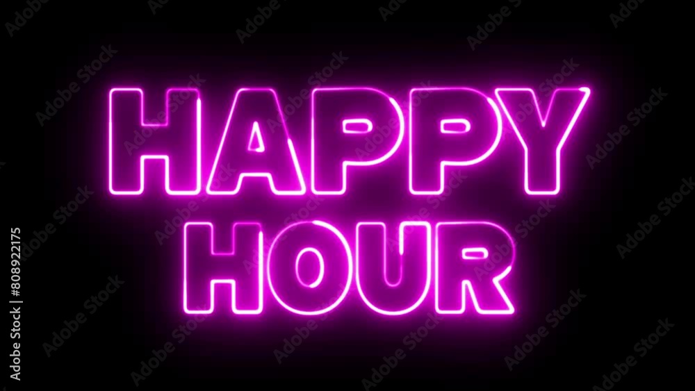 Happy Hour text font with light. Luminous and shimmering haze inside the letters of the text Happy Hour. Happy Hour neon sign. Happy Hour text font with light. Luminous and shimmering haze inside the letters of the text Happy Hour. Happy Hour neon sign.