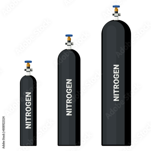 Medical nitrogen gas, stored in white bins of various sizes at hospitals and other health care facilities. For medical use. Flat design.