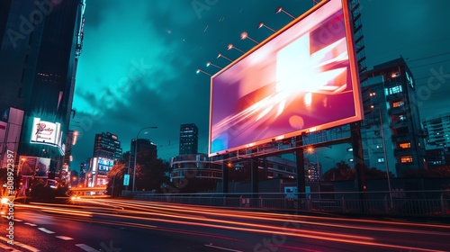 Create a digital billboard mockup in a night time city setting photo