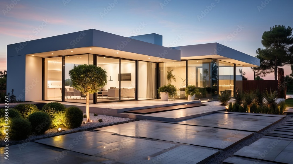 Luxurious modern villa with a minimalist cubic design, floortoceiling glass walls, and a beautifully designed front yard emphasizing clean lines and greenery