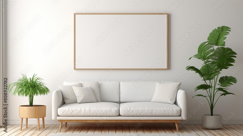 Minimalist living room design with a blank poster frame mockup, positioned over a chic couch, ideal for showcasing art or promotional material Minimalist living room design with a blank poster frame mockup, positioned over a chic couch, ideal for showcasing art or promotional material