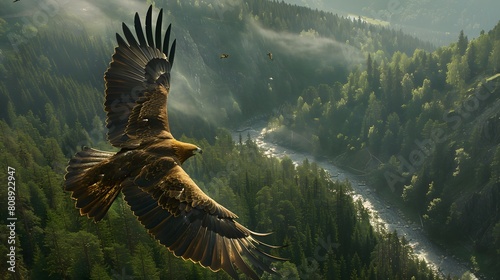 8K wallpaper of a golden eagle soaring above a forested valley, with its wings fully spread and the treetops and rivers below in sharp focus